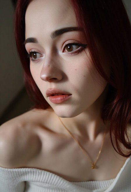 Hyperrealism, extreme close-up Portrait of a young woman KTNK. naked breasts. small breasts. making this image a masterpiece of photography and digital art. Style: realistic hyper-detailed rendering, 32k UHD, expressive eyes, graphic design, girl's face, side view, pretty and cute, gleaming lips, white skin, telling a tale of adventure. Exuding confidence and serenity