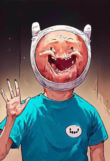 score_9, score_8_up, score_7_up,  MEATMAN f1nn4,1boy,finn the human,adventure time,solo, waving at the viewer, smile, face punch,<lora:Adventure_Time_Style_LORA:1> dot eyes, blue shirt, open mouth, absurdly grotesque
