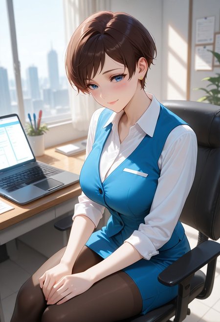 ((high quality)), ((high resolution)), ((incredibly detailed)), detailed background, masterpiece,  natural lighting, dynamic angle, indoors, office, desk, laptop, office chair, 1woman, mature, white blouse, blue vest, blue mini skirt, pantyhose, working, sitting on chair, perfect face, perfect blue eyes, middle breasts, detailed brown pixie cut, swept bangs, earring, soft smile, blush,
