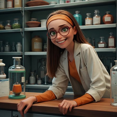 score_9, score_8_up, score_7_up, score_6_up, score_5_up, score_4_up, rating_questionable, 1girl, Hon_Lem, Glasses, smiling, small breasts, leaning over a counter, in a lab, green eyes