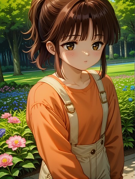 score_9,score_8_up,score_7_up,source_anime,(extremely detailed:1),rating_safe,
(masterpiece, best quality, very aesthetic, ultra detailed),intricate details,4k,beautiful background,(uncensored),nsfw,ultra-detailed,
face_detail,
skin_detail,
lustrous_skin,skindentation,cowboy_shot,
<lora:Miaka_Yuuki:1>,Miaka Yuuki,1girl,brown hair,brown eyes,
Miaka overalls with orange shirt oufit | ponytail,shirt,suspenders,long sleeves,
cute,dynamic_angle,
<lora:cfg_scale_boost:0.3>,
innocent_big_eyes,
cute,
dutch_angle,in spring,park,flowers meadows,in a meadow,