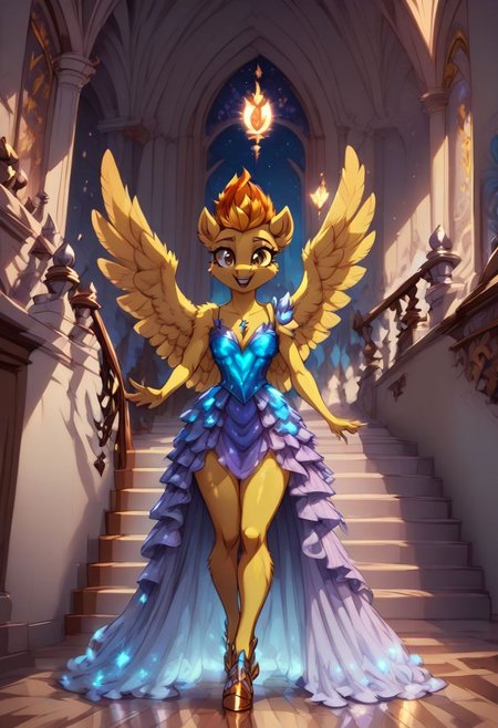 score_9, score_8_up, score_7_up, anthro,
(((Spitfire))), pegasus, ((spread wings)),
facing viewer, front view, female focus, view from chesthight,
g5, pony, female, mare, tail, dock, solo, 1girl, highly detailed, beautiful, detailed eyes, detailed fur, beautiful eyes, (tall), ((perfect body proportions), (beautiful long legs),
small breasts, show accurate skin colour,
long hair, fluffy hair, biggest hair,
(((walking ((down)) a grand staircase))), (((waving to viewer))), ((happy, excited, smiling at viewer invitingly)),
(((wearing a beautiful, eyecoloured, bioluminescent, shoulderfree ballgown))), glowing ballgown,
BREAK,
highly detailed background, (((nighttime))), night
inside Canterlot castle, ballroom, ((grand staircase)), mirror marble floor, (((dimmed lights in the room))),