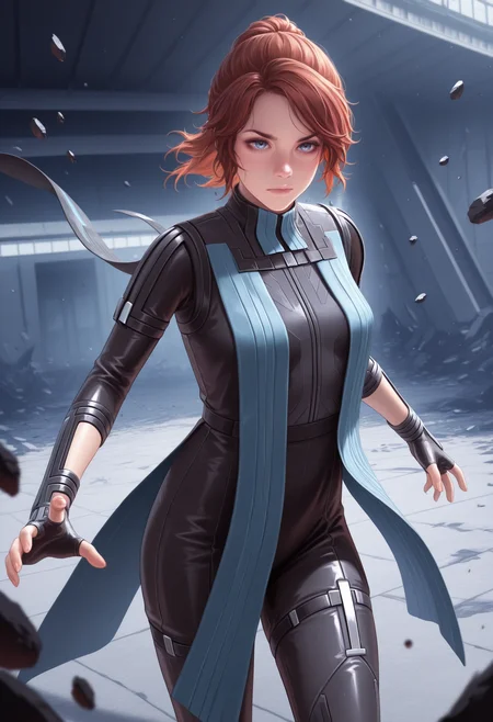 masterpiece, best quality, amazing quality,j3ss3, <lora:jesseFaden_illustrious_byJaneB:1>, 1girl, solo, 
asynchronoussuit, black gloves, floating debris, protecting,