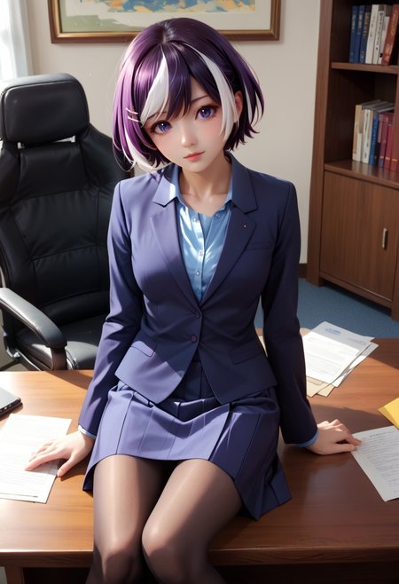 score_9, score_8_up, score_7_up, source_anime,  (masterpiece, Highest quality:1.4), (beautiful, perfection, delicate, Complex:1.2), (cute, adorable), (Depth of written border:1.2), Realistic skin:1.2, 
1 girl, 23 years old,
tsubasa, short hair, multicolored hair, hair ornament, purple eyes, 
business suit, suit, shirt, skirt, pantyhose, kneehighs, loafers,
office, office desk, office chair, indoor, sitting, cowboy shot, anatomically correct;1,5,