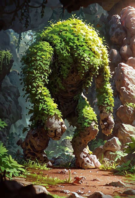 score_9,score_8_up,score_7_up, 
giant rock GOLEM with plants growing on shoulders, rough rocks, rough stone, unpolished, dirty, ancient, STANDING,