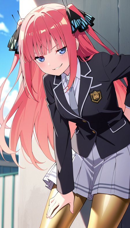 masterpiece, best quality, very aesthetic, absurdres,
solo, 1girl,

nino, long hair,bangs, blue eyes, hair ornament, hair ribbon, pink hair, blunt bangs, two side up, butterfly hair ornament,

smirk,

School Uniform, gold tights,

outside,
