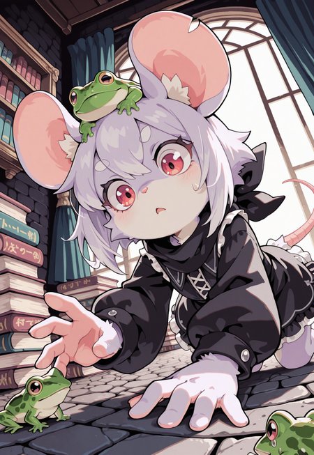 S4bit4mago_illu, anime style, s0wasow4rt_illu, halftone, detailed background,  _Style, Cartoon_Type, score_9, score_8_up, score_7_up, masterpiece, best quality, high quality, newest, highres, absurdres, <lora:sowasowart_style-000016:1>,masterpiece, best quality, amazing quality, detailed background, concept art, realistic, dark theme, low light, solo, perfect fingers, portrait, short hair, (close up), anthro mouse girl, furry, frog on head, (too many), (many frogs in background), tiny, fron side, at an angle, mouse tail, cute, red eyes, surprised look, black scarf, interacting with frog, dynamic pose, lying on floor, holding frog,  magicians store, reaching for frog,  ((magical shop background)), black gothic dress, light purple fur, bottomless, picking up frog, disgusted, wincing, one lidded eye, for sale sign, cobblestone wall, windows, stacks of books on the floor, eyebrow raised, curtains, dynamic pose, masterpiece ,amazing quality, intricate details, flowing hair, (thin white outline),
