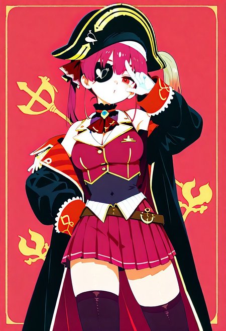 masterpiece,best quality,amazing quality, solo, Houshou_Marine,red_hair, red_eyes, twintails, long_hair, miniskirt, pleated_skirt, red_skirt, black_thighhighs, black_choker, frilled_choker, black_coat, red_coat, two-sided_fabric, brown_belt, white_gloves, cropped_jacket, red_ascot, hair_ribbon, red_ribbon, sleeveless_jacket, sleeves_past_wrists, cleavage, pirate_hat, black_hat, eyepatch ,simple background,red background,pirate flag background,haiz_ai, no lineart,no outline, <lora:ponyv6_noobE11_2_adamW-000017:0.3> <lora:MeMaXL4:0.8> <lora:veluflora-wai:0.4> <lora:haiz_ai_illu:0.7>cute pose,blow a kiss,love symbol,