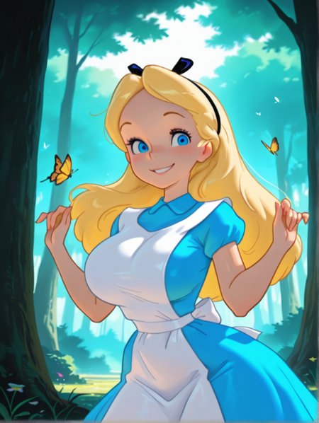 masterpiece, best quality, amazing quality, very aesthetic, absurdres,  newest, detailed background, outdoors, dynamic angle, forest, butterflies, 4k, 8k, 
alicexd, 1girl, solo, blonde hair, long hair, hairbow, blue dress, white apron, bow, cowboy shot, large breasts, wide hips, narrow waist, looking at viewer, blue eyes, smile, cute pose
<lora:Alice_-_Disney_Illustrious:1>
