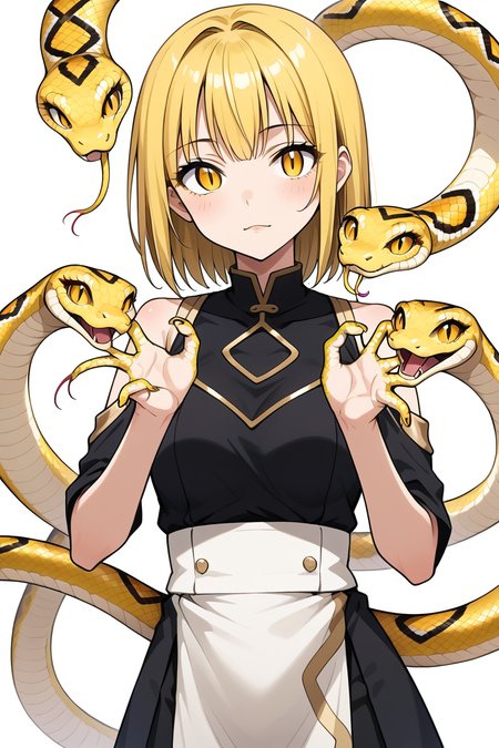 snake_hybrid,source_anime, high quality, highly detailed, 1girl, anime girl, snake girl, white background, snake fingers, snake hands, snake eyes, scales