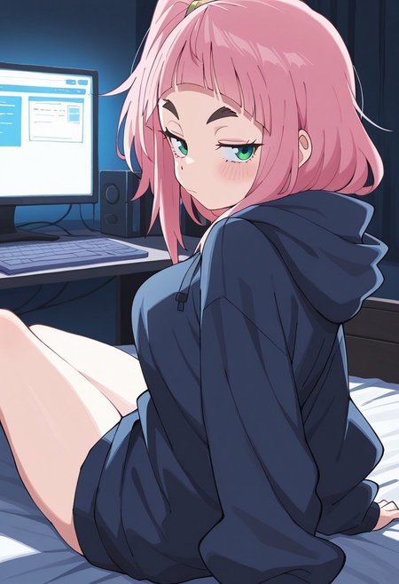 masterpiece,best quality,amazing quality,, score_9, score_8_up, score_7_up, soft lighting, dramatic lighting, (backlighting:1.3),  1girl, solo, kiui_watase, pink hair, blunt bangs, short hair, green eyes, thick eyebrows, side ponytail, dark blue hoodie, baggy clothes, bedroom, dark bedroom, sexy, looking back at viewer, seductive, embarrassed, (annoyed:0.6), computer, pc, medium breasts, on bed, bed,