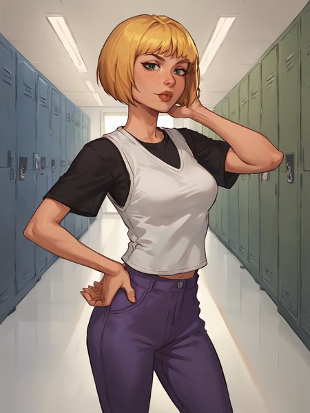 nazz, lips, white vest, 1girl, black t-shirt, solo, blonde hair, short hair, purple pants, bob cut, ,looking at viewer,simple background, breasts,  ,hand on own hip, school,locker, hallway,   <lora:Smooth Anime Style LoRA XL:1> <lora:NazzPony1.0:0.6>, score_9, score_8_up,