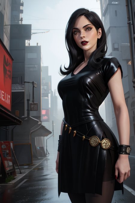 sophia,black hair,red lips,
black dress,pantyhose,standing,
night,castle,cyberpunk,looking at viewer,
(insanely detailed, masterpiece, best quality),
solo, <lora:sophia:0.7>