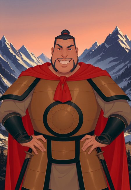 solo, masterpiece, detailed, ultra hd, best quality, 1boy, male, official art, w0lfc0nf, modern, new, masculine face, daddy looking face

DisneyGeneralLi, black hair, mustache, armor, cape, headshot, looking at viewer, smiling, hands on hips, outdoors, mountains