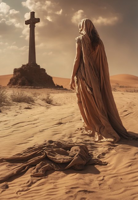 feudal Silk Road style, amazing quality, masterpiece, best quality, hyper detailed, ultra detailed, UHD, dof, hyper-realism, majestic, awesome, inspiring, A gritty Grindhouse film still inspired by "Death Proof": A muscular, athletic woman stands in the wind of a dusty desert in front of a Large fresh grave. Her torn metal print t-shirt and nun's habit glowing dress flap in the breeze. She holds an old, impressively large weapon in her hand, exuding a laid-back yet dangerous vibe. The photo features faded colors, with a limited palette of gray, beige, and washed-out orange, capturing her cool, striking appearance.. cinematic composition, soft shadows, national geographic style,