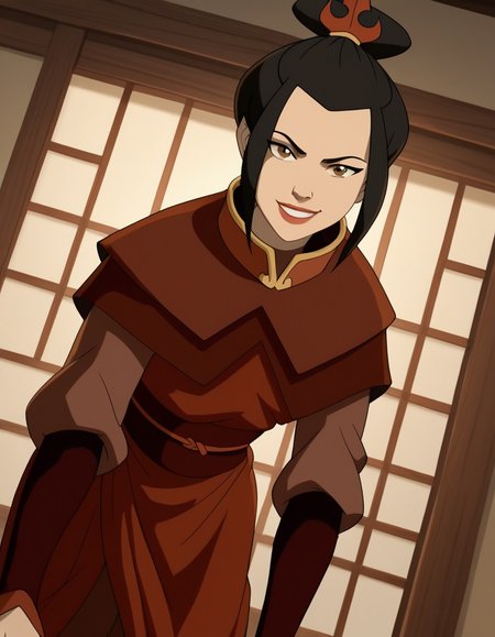 score_9, score_8_up, score_7_up, source_anime, <lora:azula-book2-ponyxl-lora-nochekaiser:1>, azula, black hair, brown eyes, topknot, sidelocks, hair bun, single hair bun, chinese clothes, capelet, sash, long sleeves, elbow gloves, , indoors, bent over, smile, looking at viewer, solo, cowboy shot, dutch angle