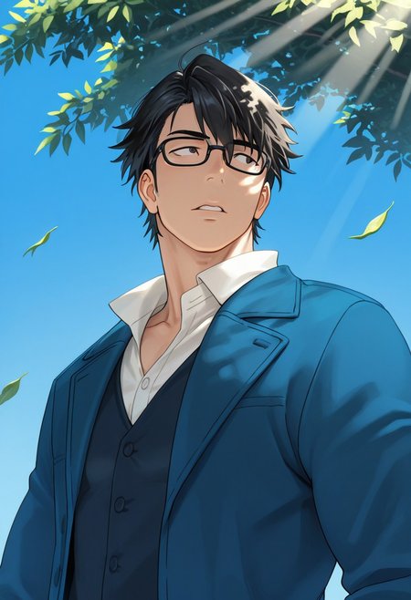 masterpiece, best quality, amazing quality, absurdres, newest, detailed background, definition so sharp, Ultra-HD, 8K cinematic, very awa, impressionate, amazing quality, highres, d10w21ll,
solo, male focus, manly, mature male, bara, day, blue sky, outdoor, sunbeam, windy, flying leaf, 
1boy, short hair, glasses, saruhikofushimi, saruhiko_black hair, saruhiko_black eyes, blue coat, collared shirt, side view, looking far away,
calm expression, parted lips