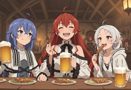 masterpiece, high quality, aged up, 3girls,, small breasts, roxy migurdia,  eris greyrat, sylphiette \(mushoku tensei\), fantasy, tavern,drinking glass,beer, happy, eating