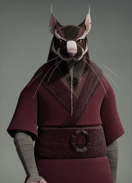 <lora:Splinter2.0:1> splinter, brown fur, whiskers, rat, animal, 1boy, looking at viewer, male focus, robe, furry male, red eyes, bandages, sash,, looking at viewer, cowboy shot, score_9, score_8_up, score_7_up, score_6_up, score_5_up, score_4_up,simple background,