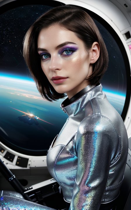 (beautiful busty skinny british woman sitting in spaceship cockpit looking over shoulder at viewer:1.2), (cute face, over the shoulder:1.1), (movie still:1.1), side view, (spaceship cockpit:1.1), glowing holographic instruments, (beautiful face:1.11), from behind, smart fabric flightsuit:1.1, lightweight structured jacket with sharp geometric lines, utility belt, kneehigh boots, fingerless gloves, (large spaceship cockpit with highly polished flooring and stellar view), backlit hair, perfect face, feminine physique, (pale freckles:0.6), (black and silver accents), perfect eyes, low key, joystick++, thin pouting lips, (white++ bob hair, ombre tips:1.2), wide set soft+ turquoise++ eyes, skin pores, (small retrousse nose:1.2), (pale skin), supernova, dramatic angle, eyelid shimmer makeup, silver eyeshadow, iridescent cheekbones, muted rose lips, deep space blue, (available light:0.7), BREAK, starlight silver, nebula pink, black hole black, planetary rings, asteroid clusters, geometric shapes, angular contours, Holographic control panels, chiaroscuro effects, reflective surfaces, starfilled skies, distant galaxies, shimmering surfaces, iridescent scifi materials, clean lines, modernistic details  OverallDetail HairDetail fFaceDetail  EyeDetail