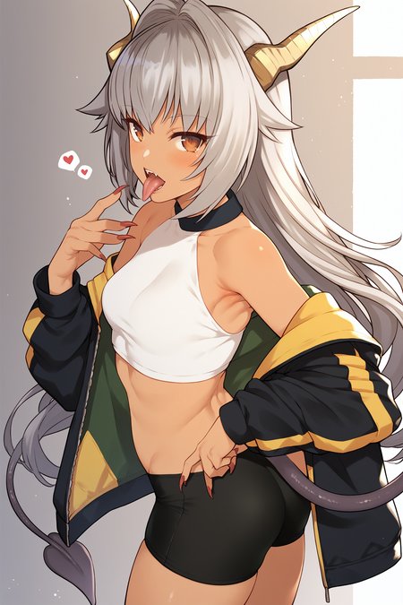 score_9, score_8_up, score_7_up, 1girl, solo, tail, horns, bike shorts, tongue, long hair, ass, looking at viewer, tongue out, dark-skinned female, jacket, grey hair, licking, off shoulder, dragon horns, licking finger, dark skin, fingernails, dragon girl, red nails, nail polish, bare shoulders, blush, heart, brown eyes, dragon tail, black shorts, open mouth, cowboy shot, shorts, sharp fingernails, hair intakes, black jacket, open clothes, crop top
,   <lora:Takunomi_PonyXL_dim32:1>