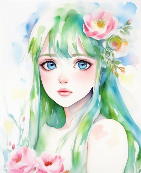 1girl,blue eyes,green hair,rose, (camellia),daisy, freckles,  portrait, petals, tulip,(background full of flowers) ,(face close up),(Open eyes),(vibrant colors),(winter:1.9) <lora:watercolor_v1_sdxl:2.4>