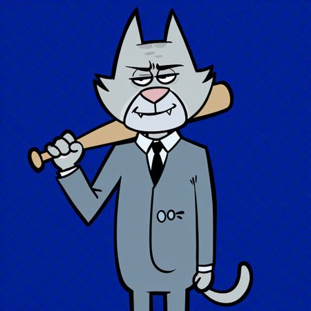 score_9, score_8_up, score_7_up, source_cartoon, show accurate, 1boy, sexy boy, solo, Mayonnaise, male, furry, cat, grey fur, fangs, pink nose, tail, grey suit, grey coat, black tie, white undershirt, portrait, close up, face focus, costanza face, skeptical expression, smirk, closed mouth, narrowed eyes, holding object, holding baseball bat, looking at viewer, aiming at viewer, cowboy shot, spiral background, meme, blue background, chain-link fence, very intricate, high quality details, ultra realistic, high detailed skin,detailed environment