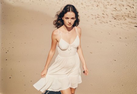 lith_argenta_Brom_Spezial_BBS151, instagram photo, full photo of 26 y.o american woman walking on a beach, summerdress , perfect detailed eyes, natural skin, hard shadows, film grain