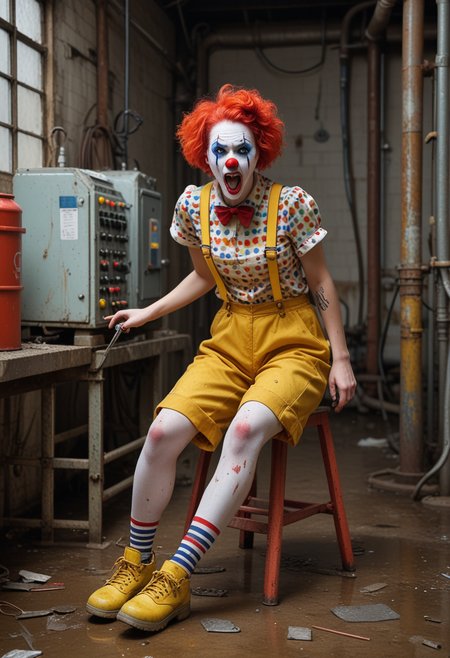 (medium full shot) of  (gorgeous clown) young woman, red plastic nose, white face paint, multicolored wig,  wearing a yellow  suspenders over a colorful shirt,striped pants,polka-dot shoes, juggling balls, glitter makeup, set in  sewer Pumping Station, Subterranean room with towering machinery churning loudly, a control panel covered in blinking lights and switches, a row of worn-out chairs lined against the wall, a pile of damp rags and tools on the floor, a rusted metal ladder leading to a maintenance platform , woman surprised, open mouth, pointing her finger at the viewer, Masterpiece,best quality, photo, realistic, very aesthetic, detailed face,