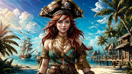 (young redhead pirate woman), (portrait), (parrot:1.2), sharp focus, (ultradetailed), (standing), (happy) smile, pirate (ship galleon:1.2,  hoop earrings, gold medallion, Legendary Graypirate clothes, pirate hat, hips,   pirate (village), leafy beach coast, (treasure chest with coins, gems and jewels:1.2), (rum barrel), best quality masterpiece,  bright sunny sky, backlight, natural lights, high contrast, hdr, shadows, pretty, beautiful, feminine, sexy, adorable, lovely, in love, (PirateDiffusionprt:0.5),  <lora:Pirate:0.3>  PrateT  <lora:PirateRealms:0.3> <lora:Detail Tweaker LoRA add_detail:0.8> <lora:depth_of_field_slider_v1:5> <lora:SDXLrender_v2.0:0.9>