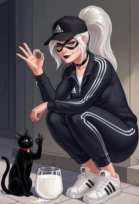 masterpiece, high quality, amazing detail,
1girl, solo, ss-bcdef-illu, black lipstick, white hair, long hair, high ponytail, domino mask, choker,
squatting, black track suit, white stripes, black baseball cap, adidas, white sneakers, ok sign, smirk, looking at viewer,
milk bowl, animal, black cat,
full body, alleyway,
<lora:Mavezar_-_ILLU_by_SulfurSniffer:1> ss-mav3zar-illu,  <lora:Black_Cat_skins_-_SMWoS_-_ILLU_by_SulfurSniffer:0.7>