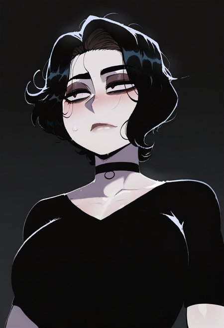 krekkov, nyantcha, masterpiece, best quality, high quality, absurdres, 1girl, solo, doomer girl, (pale skin), black hair, black shirt, half-length portrait,