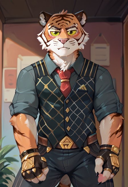 score_9, score_8_up, score_7_up, hi res, high quality, by oselotti, oscar, fortnite, furry, 1boy, solo, yellow sclera, black pupil, tiger boy, spread legs, necktie, rolled up sleeves, pants, blush, legs out of frame, standing, <lora:Oscar_Fortnite:1>, <lora:Oselotti_Artist_Style:1>