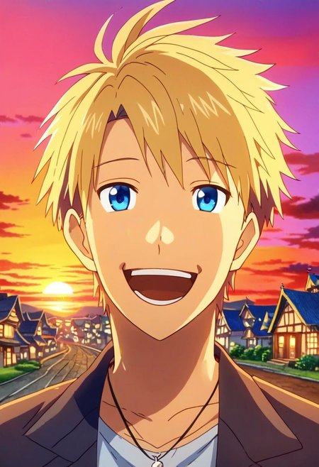 high resolution, professional photography, solo, best quality, 1Boy, Yamato Ishida, Blond Hair, Deep Blue Eyes, Necklace, potrait, laughing, very happy, half body, village, sunset, looking at viewer,, OverallDetail