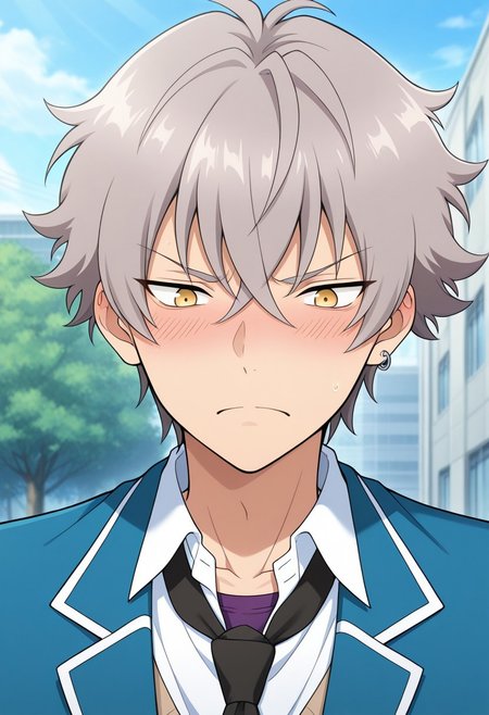 masterpiece,best quality,amazing quality, source_anime, 
kogaoogami, 1boy, male focus, solo, yellow eyes, grey hair, jewelry, earrings, school uniform, purple undershirt, shirt, white shirt, collared shirt, necktie, black necktie, jacket, blazer, blue jacket, portrait, frown, blush, embarassed,
outdoor,