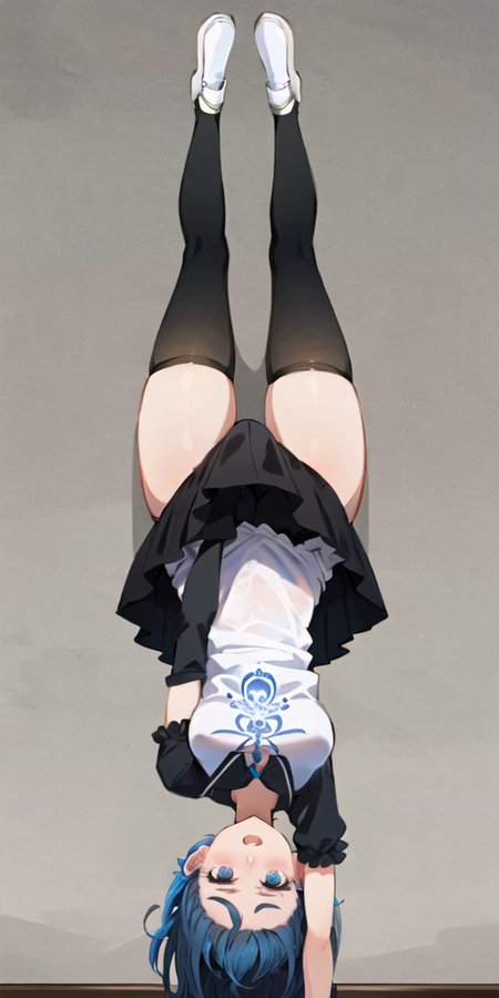 masterpiece, best quality, ultra-detailed, illustration, 1girl, lycoris challenge \(meme\), one arm handstand, upside-down,  <lora:ChisatoHandstand:0.6>, white tshirt, black skirt, blue hair, pantyhose, medium breats