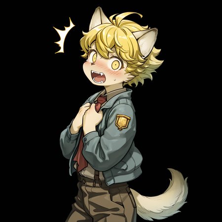 masterpiece, best quality, (absurdres), (highest quality), amazing quality, very aesthetic, no humans,
BREAK, <lora:Malt_Marzipan:1>, malt marzipan, fuga: melodies of steel, young male, 1boy, animal ears, yellow eyes, blonde hair, tail,
BREAK, pants, suspenders, necktie, jacket,
BREAK, simple background, standing, hands on chest, surprised, wide eyes, embarrassed, blush, open mouth, fangs, head tilt, looking at viewer, side view