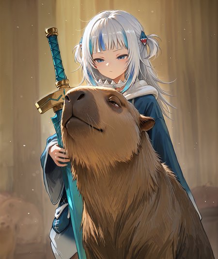 (artist:archlich:1), (artist:ikuhana niiro:0.9), (artist:shion \(mirudakemann\):0.8), (1girl, (gawr gura), hololive), (squinting) with capybara, (disinterested), (in Dubai), holding excalibur, very aesthetic, very detailed, masterpiece, best quality, <lora:illustriousXL_stabilizer_v1.23:0.35><lora:clear:1.6>, <lora:LLDN:0.5> LLDN, watercolor, fluffy