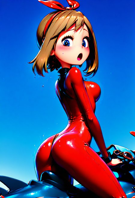 masterpiece, best quality, 1girl, solo, eyelashes, (beautiful eyes),   10s, 1girl, :o, alternate color, arched back, ass, blue eyes, bodysuit, breasts, brown hair, female focus, gen 2 pokemon, gen 3 pokemon, goggles, gradient background, hairband, jet ski, latex, latex suit, red suit, may (pokemon), may (pokemon oras), medium breasts, nintendo, objectification, outside border, poke ball, pokemon, pokemon (creature), pokemon oras, sharpedo, shiny clothes, skin tight, solo, team aqua, unown, unown a, unworn goggles, watercraft, wet, wave,    <lora:MayPokemon_NAI:0.7>,    ,<lora:HomuraSubaruNAI:1.0>,  (3d:1.3),   ,<lora:C3CitronNAI:1.3>,