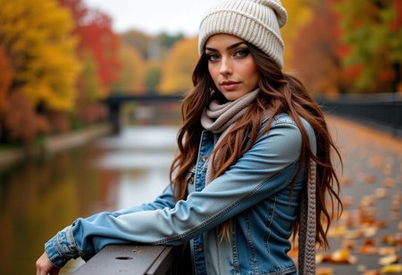 mythp0rt, A wide angle shot of beautiful woman with brown eyes, long brunette hair, choker, dark eyeshadow, wearing a white beanie, jean jacket and scarf with jeans leaning on a bridge railing overlooking the water, leaves falling, yellow_leaf, orange_leaf, autumn_leaf, red_leaf, semi realistic style, outdoors in a park, dramatic angle, masterpiece, best quality, highly detailed, sharp focus, dynamic lighting,