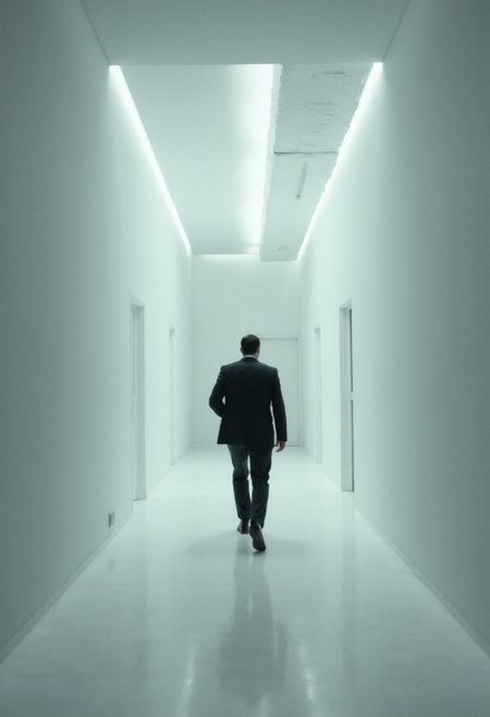 raw analog cinematic steadycam shot following a man in a suit running through a neverending maze of white corridors, taking turns