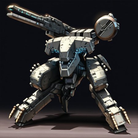 mgrex, mechanical legs, railgun, robot, no humans, gun, glowing, bipedal war machine, military vehicle, heavy armor, science fiction, mecha, military sci-fi, instrument, solo, advanced sensors, weapon, industrial design,