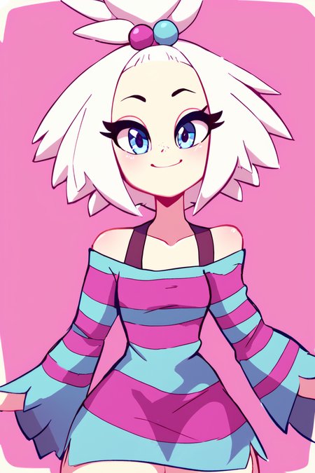 score_9, score_8_up, score_8, medium breasts, (curvy), cute, eyelashes,       BREAK, , zzRoxie, blue eyes, white hair, hair bobbles, topknot, striped dress, <lora:Roxie_Pokemon_PDXL_Citron:0.8>, , BREAK, smile, looking at viewer, cowboy shot, embedding:zPDXL,  <lora:DiivesP1:1.0>,