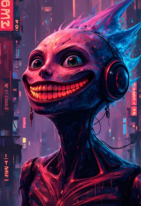 cinna flow, acid smiley looming over the end of the world, neon, dystopian, dripping paint, photorealistic, cinematic lighting, concept art, octane render, unreal engine 5, Very detailed, vibrant colors