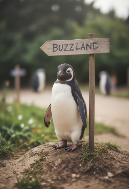 score_9, score_8_up, Photography, stvmccrr style, bokeh, mystical, cute happy penguin standing near a signpost, realistic, dream, text:"buzzland"