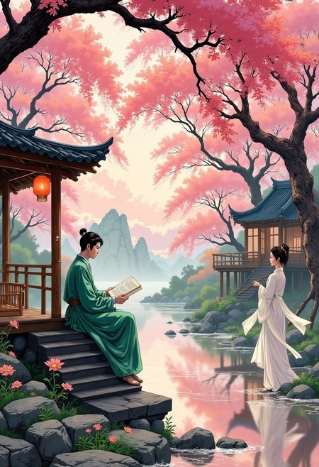 The Peach Blossom Dream – A Scholar’s Hidden Paradise
A hidden valley bathed in soft pink light, where endless peach blossoms drift through the air like whispers of an ancient poem. A stone path winds through a tranquil river, leading to a secluded bamboo teahouse nestled beneath a grand weeping cherry tree. The teahouse glows with the warm light of paper lanterns, their soft red hues casting reflections upon the water.
A young scholar, dressed in flowing jade-green robes, leans against a wooden pillar, lost in a scroll of ancient poetry. Across the river, a mysterious woman in a white hanfu (汉服, traditional Chinese attire) gazes toward him, her silk sleeves drifting like mist in the breeze. She seems half-real, half-illusion, as if a spirit of the peach blossoms themselves.
A distant flute plays a melancholic tune, carried by the wind. Somewhere, an old poet’s words whisper through the petals:
"In dreams, I return to the river of blossoms; but when I wake, it is lost to time."