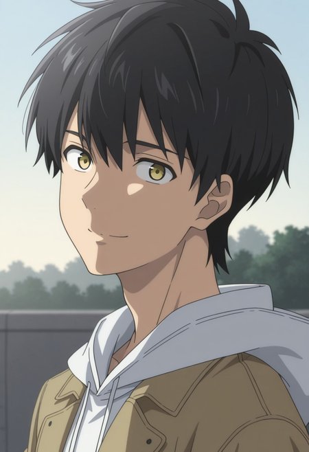 masterpiece,best quality,amazing quality, source_anime, 
KurouSakuragawa, 1boy, male focus, solo, yellow eyes, black hair, hoodie, white hoodie, brown jacket,
smile, outdoor,  portrait,