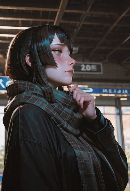 masterpiece, best quality, amazing quality, very aesthetic, absurdres, newest, good quality,highres, (scenery, volumetric lighting), gradient color,very awa, Realistic, ayn0_st, 3D render, photorealistic, detailed textures, realistic lighting, ray tracing, ambient occlusion, PBR materials, high resolution, soft shadows, global illumination, high poly, detailed environment, upper body, single character, solo, sharp focus, intricate details, vibrant colors, cinematic quality, 1girl, (extremly pale skin:1.2),porcelain-like face,(soft blush:1.2),(pink blemish:1.2),(ultra detailed skin),(intricately detailed skin),(oiled skin:0.3),soft skin, blue-green eyes, melancholic gaze, soft parted lips, hime cut, long dark brown hair with natural shine, one ear, straight-cut bangs, wearing a dark coat layered with a thick gray plaid scarf, cool and muted color palette, soft winter lighting, golden hour glow, subtle warmth, depth of field, blurred train station background, soft focus on distant figures, nostalgic and dreamy atmosphere, cinematic composition, ((slightly low angle, side view)), volumetric depth, high contrast between warm sunlight and cool tones, detailed textures in fabric and hair, gentle wind adding movement to hair strands