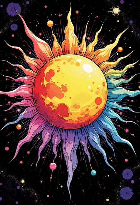Vibrant watercolor sun and moon design with colorful rays on a black background, scattered stars, and tie-dye hues. Perfect for a bohemian wall tapestry A digital artwork in the style of cknc,