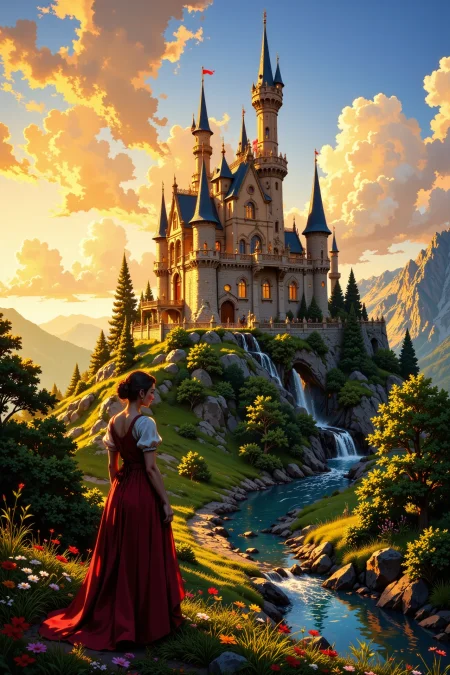 castle beautiful  landscape, golden hour, woman, very intricate, very detailed, sharp, bright, colorful, <lora:Hand v2:0.5> <lora:Anti-Blur:1><lora:Insane Detail Slider:0.25>  <lora:flux.1_lora_flyway_Epic-detail_v2:0.3> <lora:fluxenhancer:0.25> <lora:ROWER:0.6> <lora:flux-charmer-v1-1:0.4> <lora:Vibrantly_Sharp_style_v.5:0.3> <lora:realanime:0.8>
